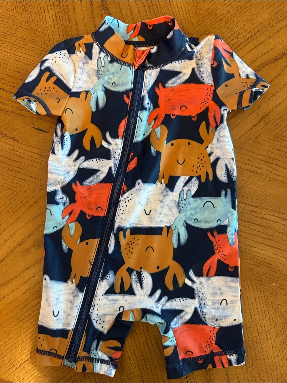 Navy Crab Print Zippered Baby Swim Romper